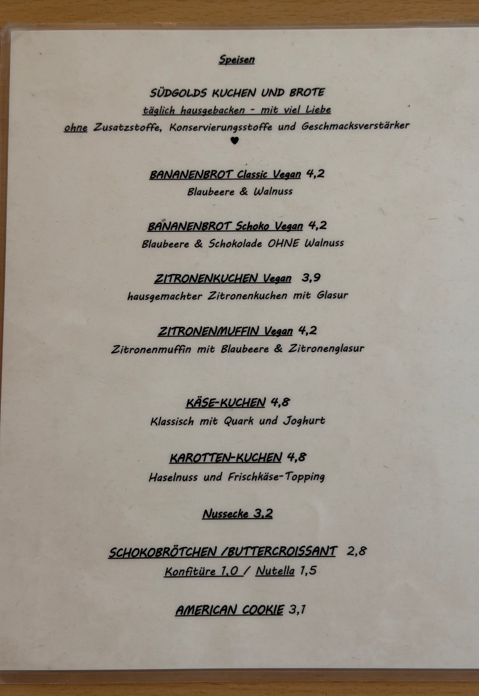 Suedgold Speisekarte
